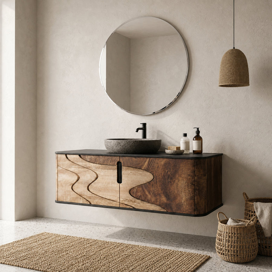 Organic Flow Bathroom Vanity Solid Wood Curved Front Storage Bathroom