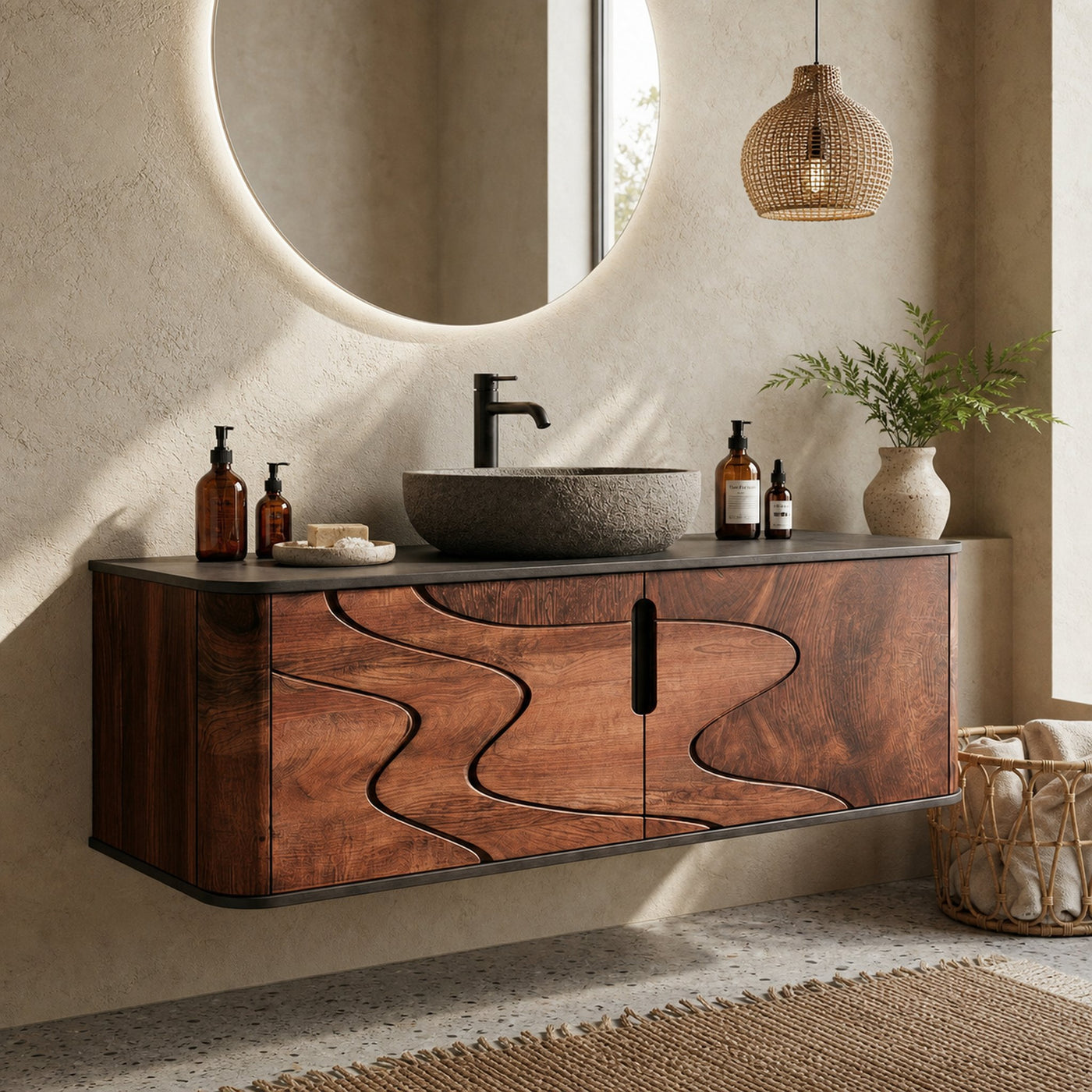 Organic Flow Bathroom Vanity Solid Wood Curved Front Storage Bathroom - product view 6