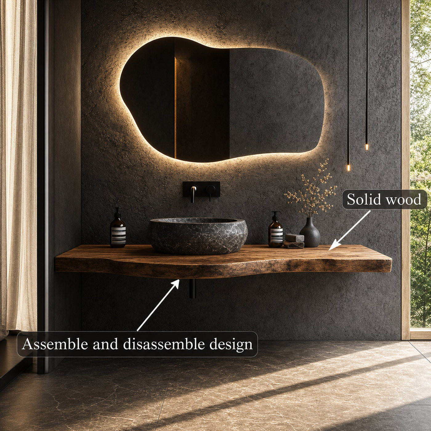 Organic Live Edge Bathroom Vanity Floating Counter Wood Shelf - product view 3