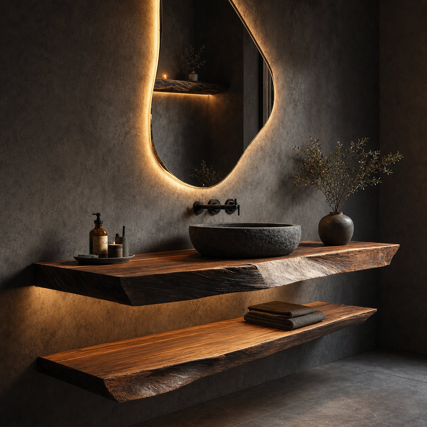 Organic Modern Bathroom Vanity Wall Mounted Wood Shelf
