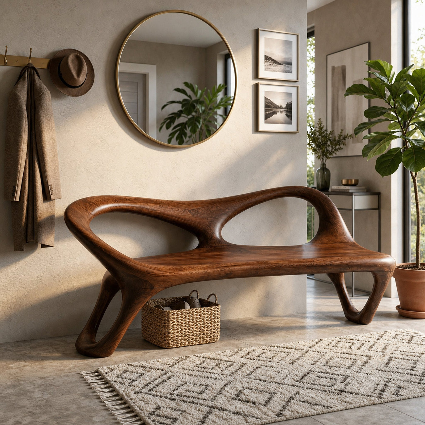 Organic Sculptural Hallway Bench With Soft Curved Frame For Home - product view 7