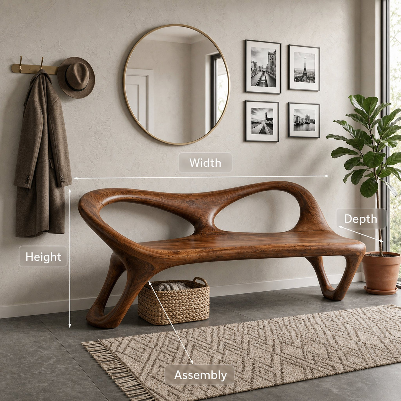 Organic Sculptural Hallway Bench With Soft Curved Frame For Home - product view 8