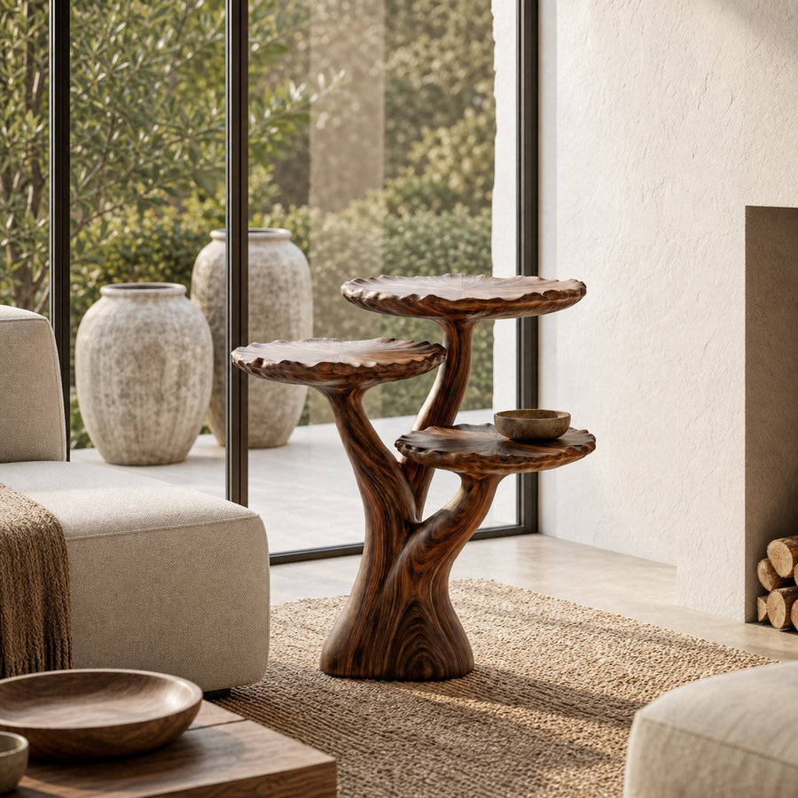 Organic Sculptural Side Table With Multi Tier Solid Wood Shelves For Living Room And Bedroom