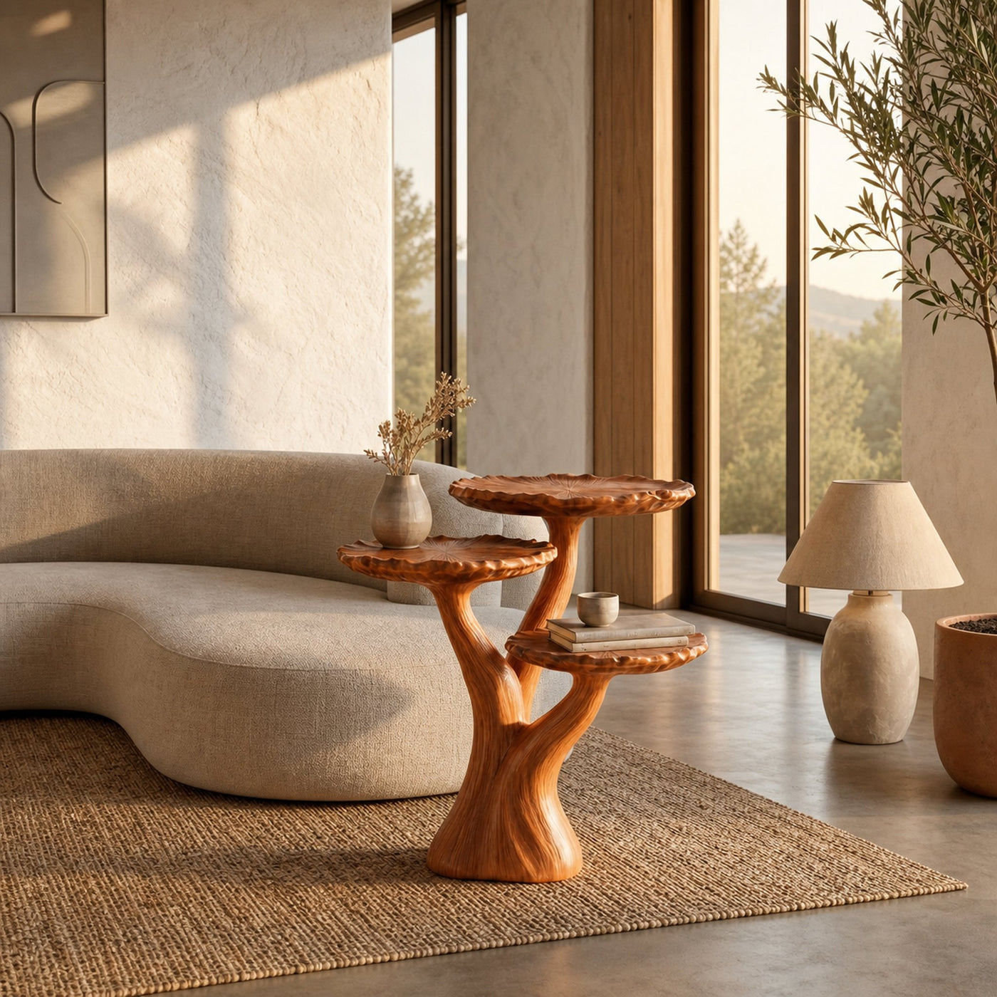 Organic Sculptural Side Table With Multi Tier Solid Wood Shelves For Living Room And Bedroom - product view 6