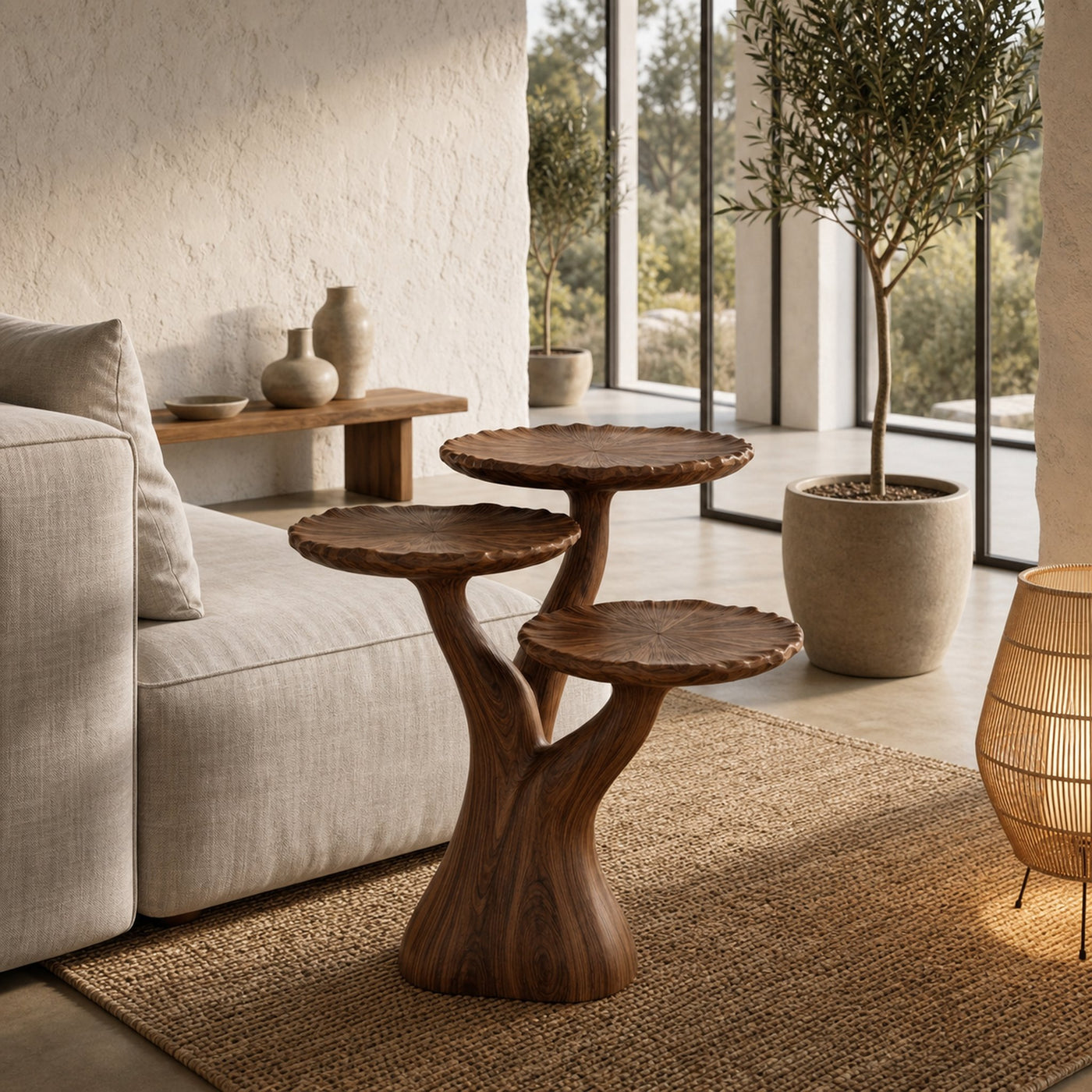 Organic Sculptural Side Table With Multi Tier Solid Wood Shelves For Living Room And Bedroom - product view 7
