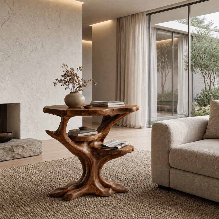Organic Sculptural Side Table With Solid Wood Display Shelves For Living Room And Bedroom