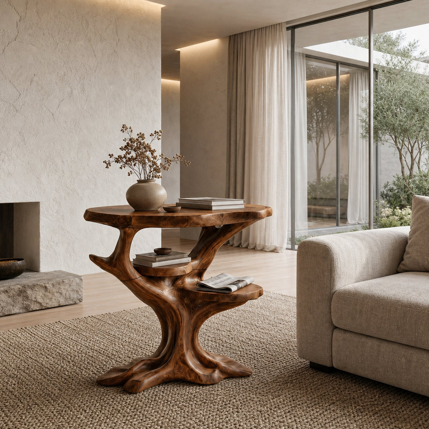 Organic Sculptural Side Table With Solid Wood Display Shelves For Living Room And Bedroom