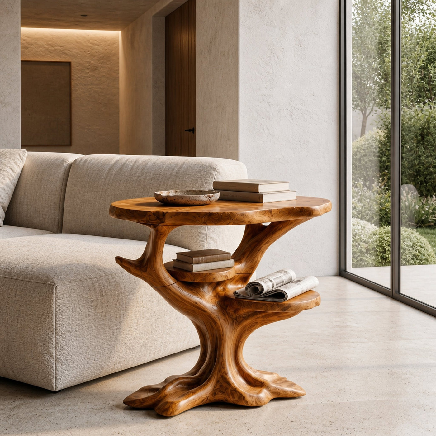 Organic Sculptural Side Table With Solid Wood Display Shelves For Living Room And Bedroom - product view 6