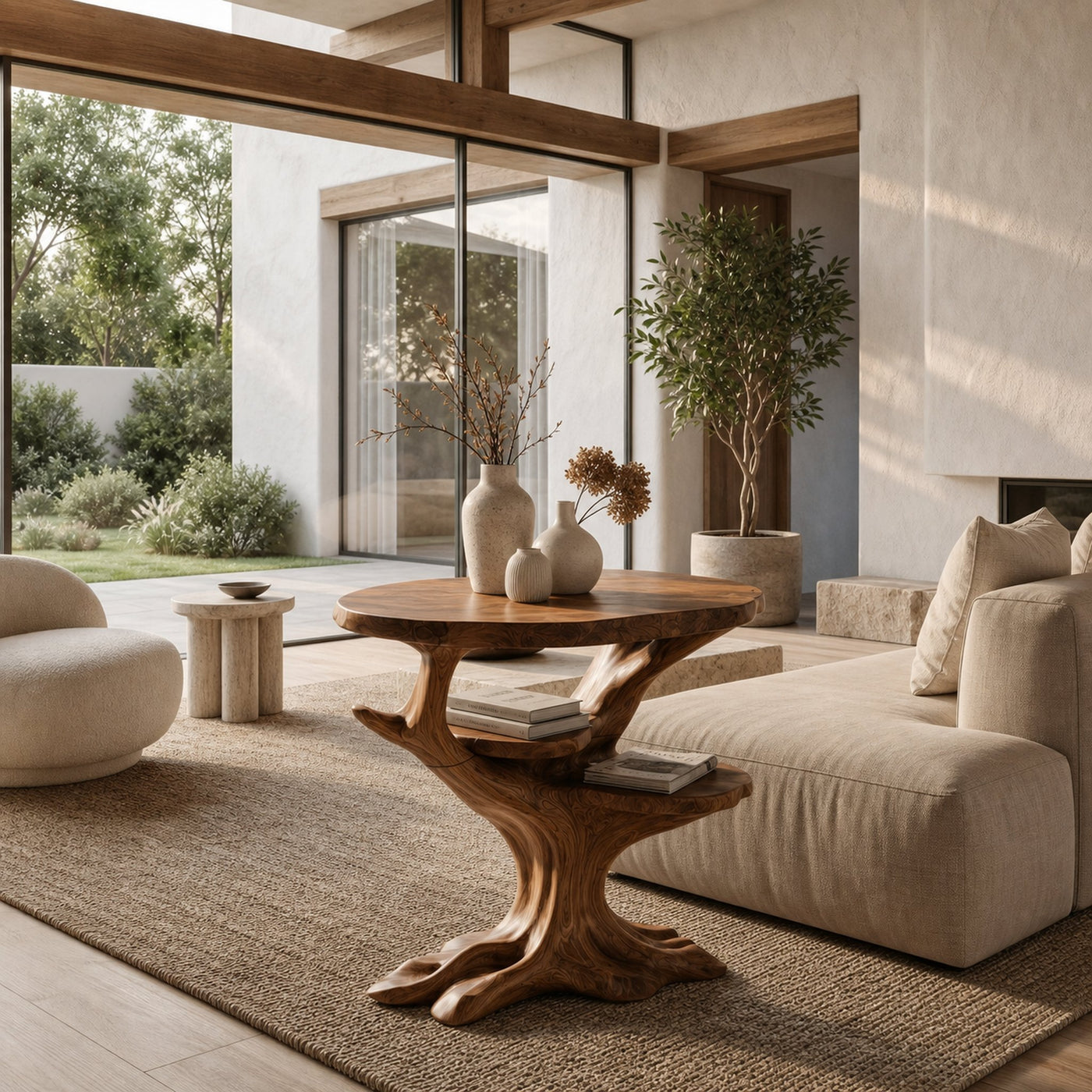 Organic Sculptural Side Table With Solid Wood Display Shelves For Living Room And Bedroom - product view 7