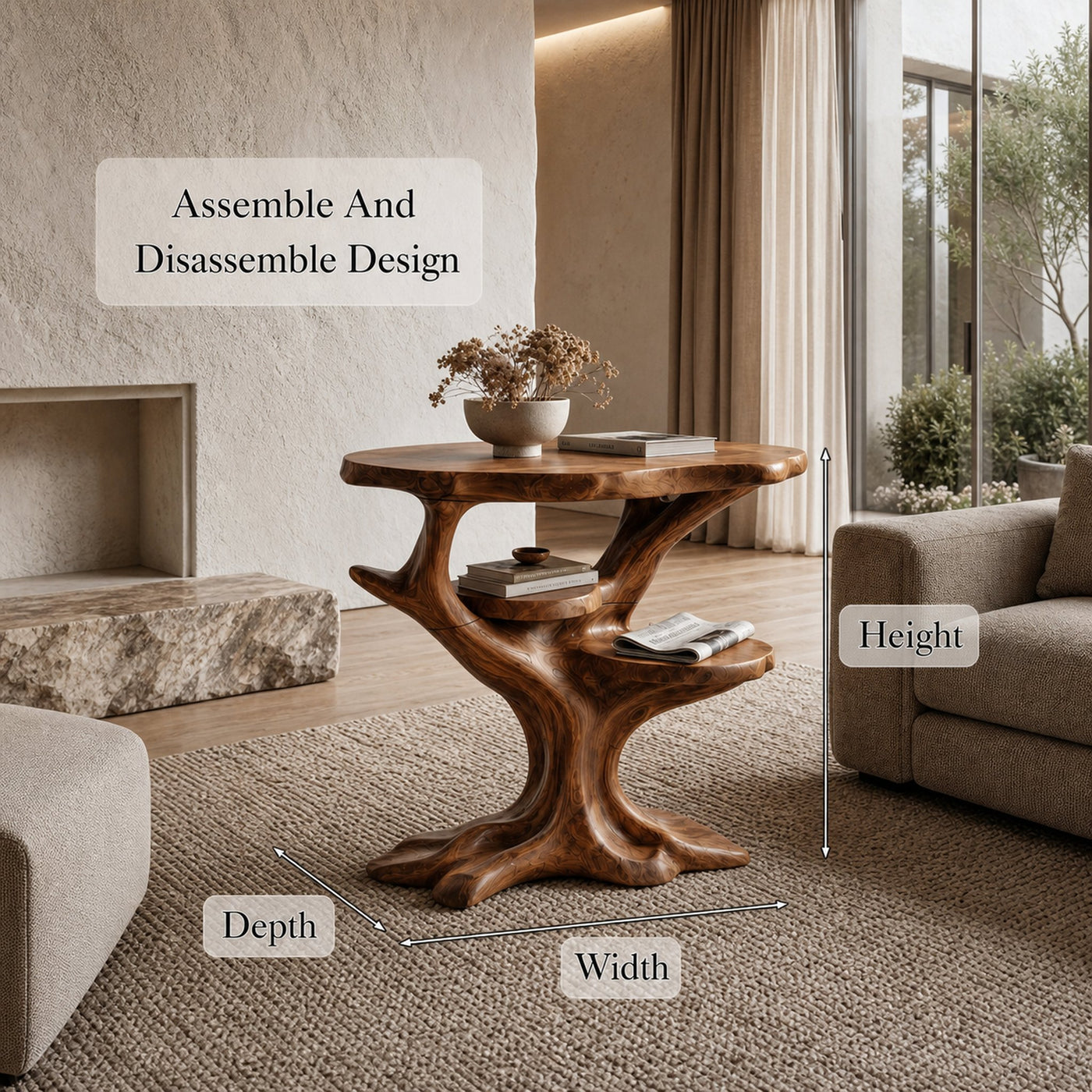 Organic Sculptural Side Table With Solid Wood Display Shelves For Living Room And Bedroom - product view 8