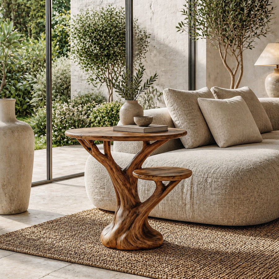 Organic Sculptural Side Table With Tree Inspired Solid Wood Base For Living Room And Bedroom
