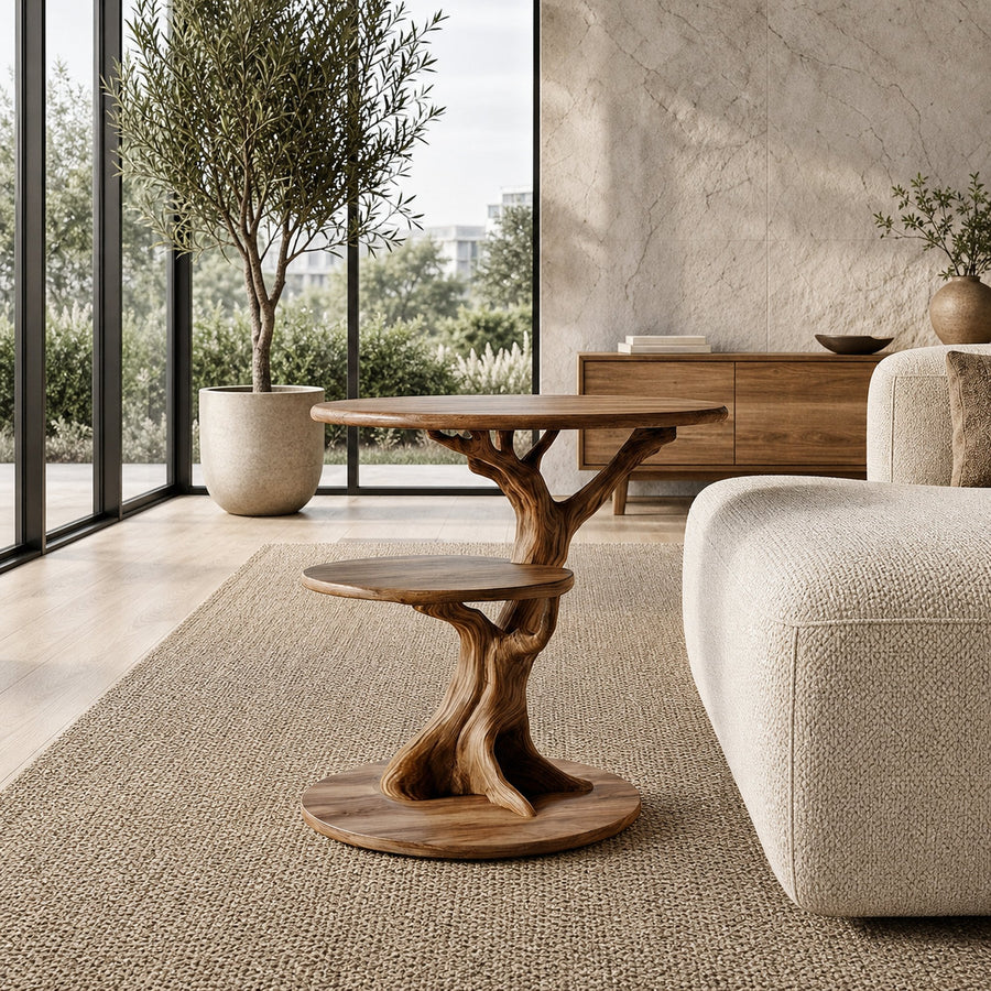 Organic Sculptural Side Table With Twisted Solid Wood Pedestal Base For Living Room