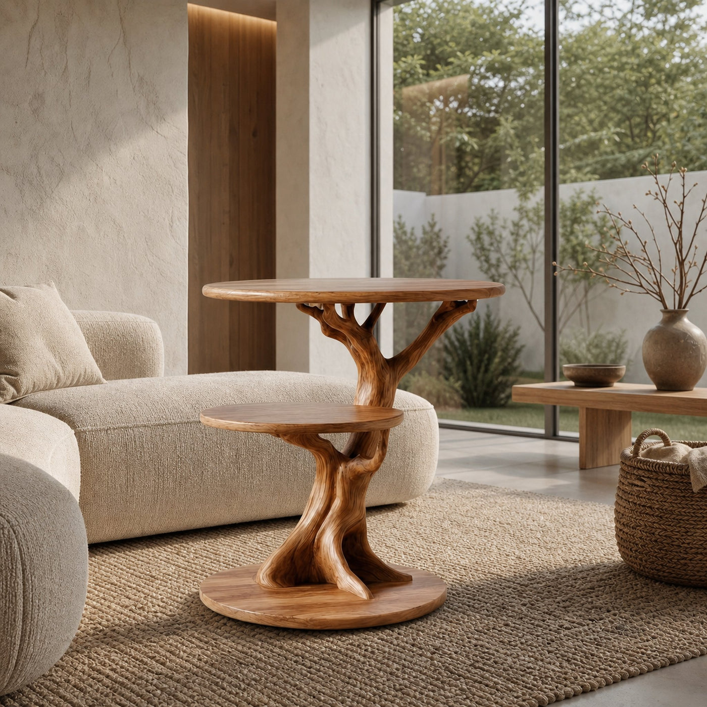 Organic Sculptural Side Table With Twisted Solid Wood Pedestal Base For Living Room - product view 6