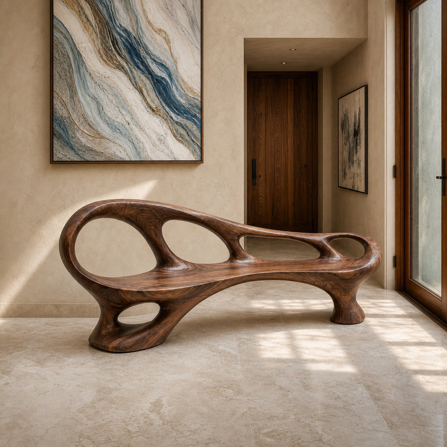 Organic Wooden Bench With Sculptural Continuous Frame For Entryway