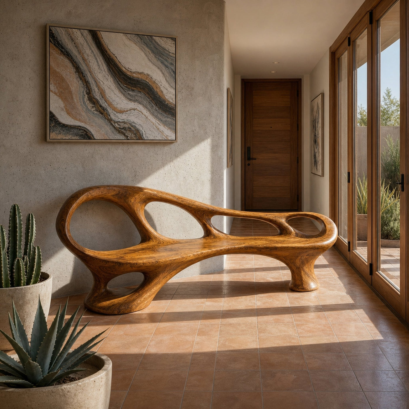 Organic Wooden Bench With Sculptural Continuous Frame For Entryway - product view 6
