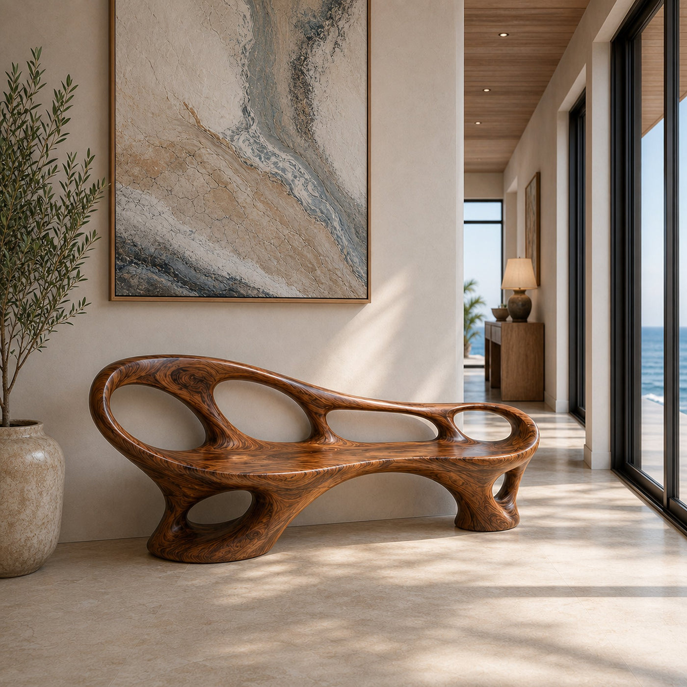 Organic Wooden Bench With Sculptural Continuous Frame For Entryway - product view 7
