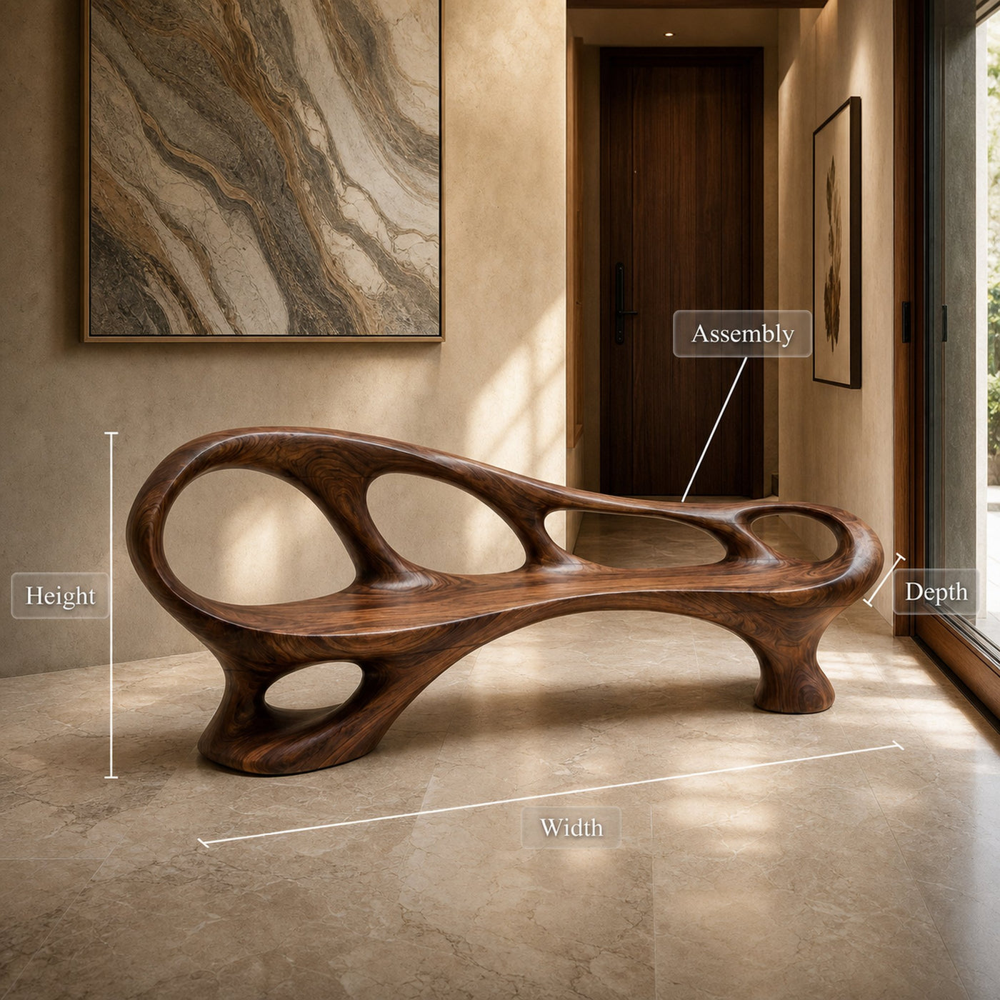 Organic Wooden Bench With Sculptural Continuous Frame For Entryway - product view 8