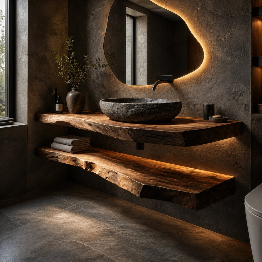Rustic Bathroom Vanity Floating Live Edge Counter Shelf