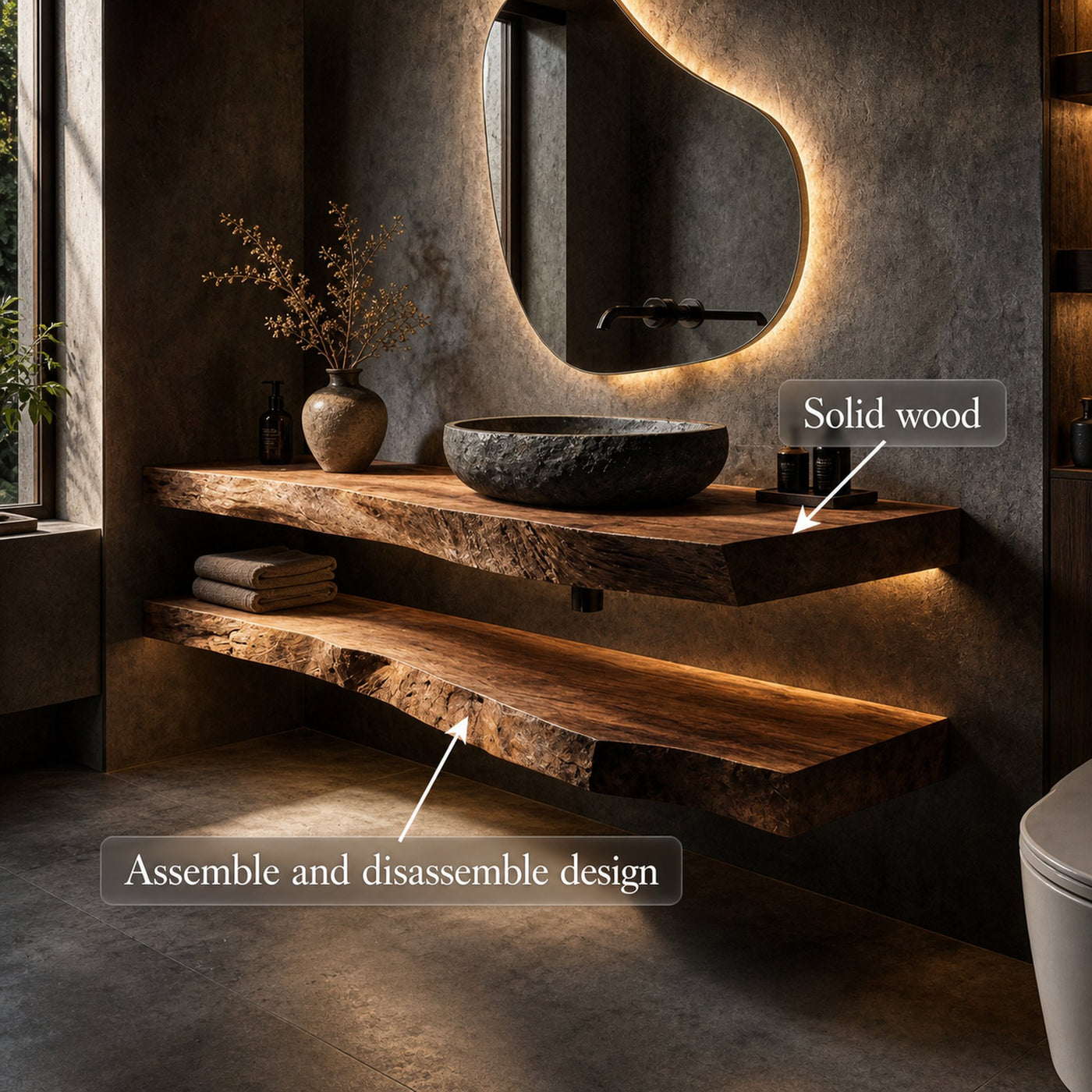 Rustic Bathroom Vanity Floating Live Edge Counter Shelf - product view 4