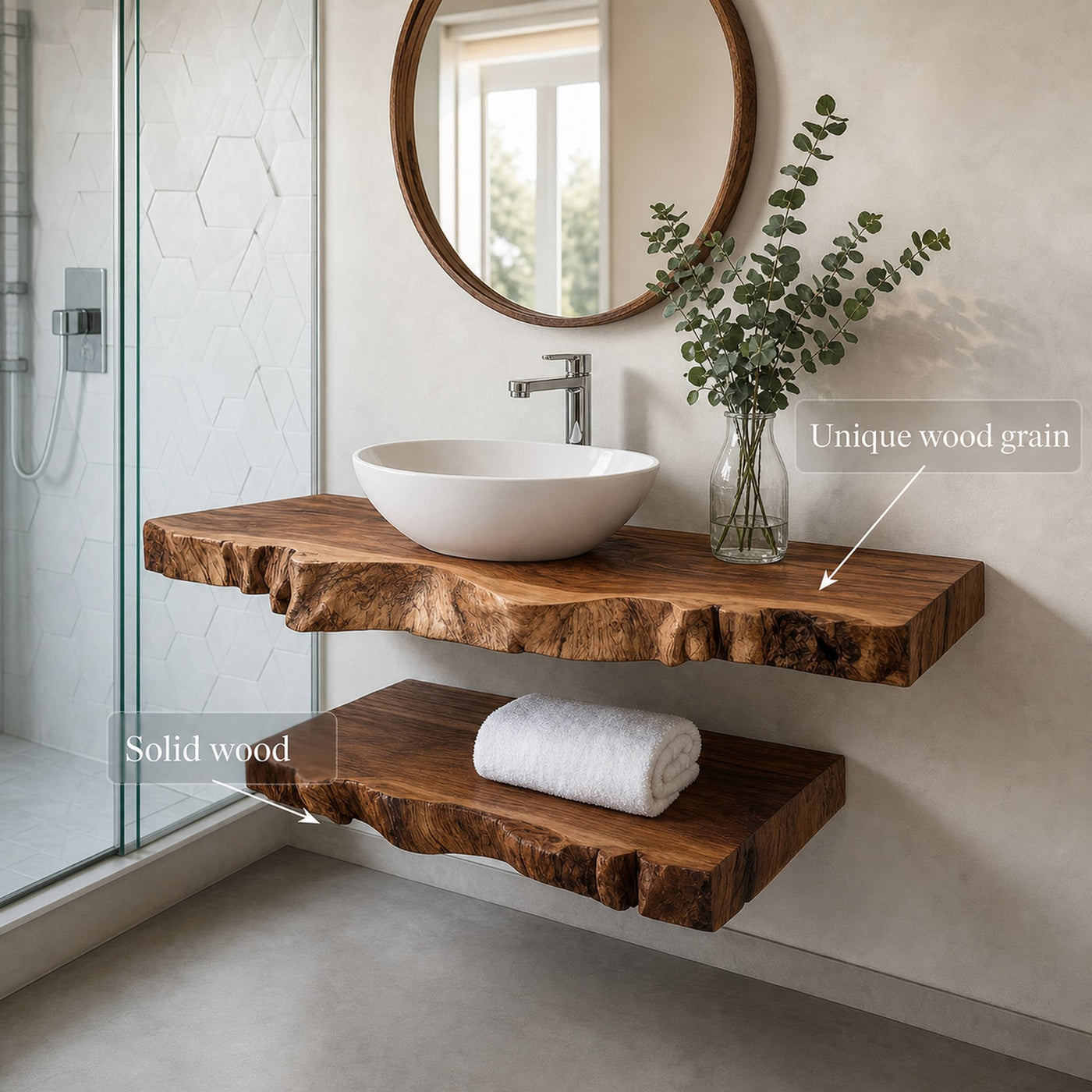 Rustic Bathroom Vanity Shelf Textured Wood Bathroom Decor - product view 3