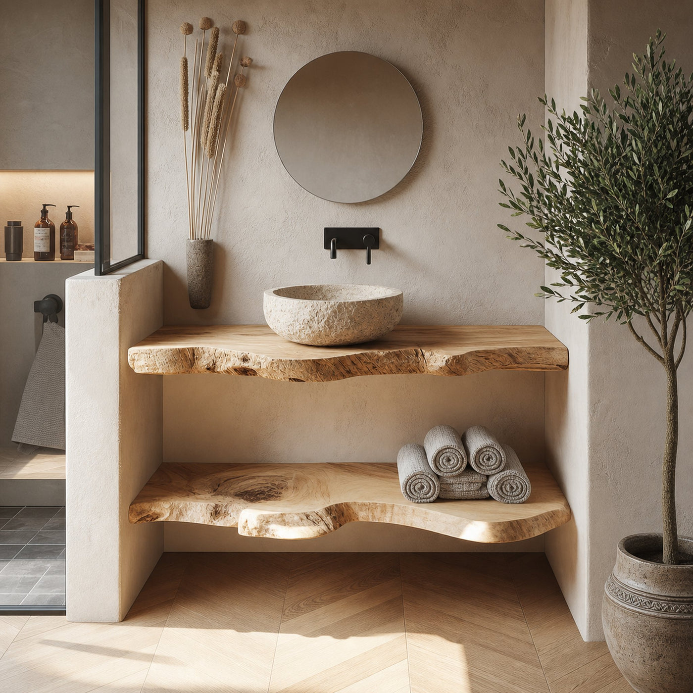 Rustic Bathroom Vanity Shelf Thick Slab Wood Bathroom Style