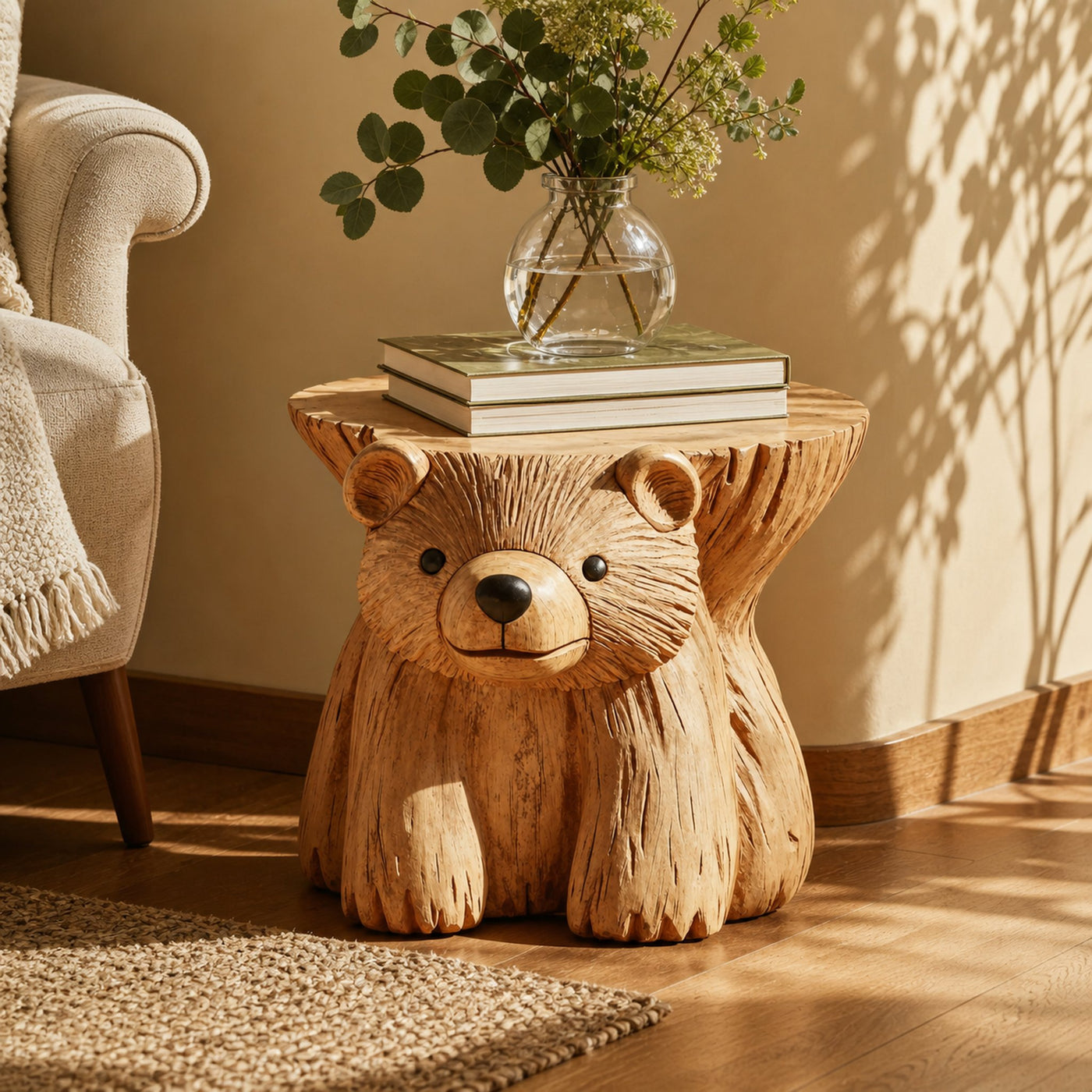 Rustic Bear End Table Wood Side Table