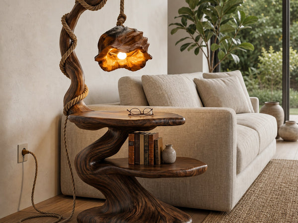 Rustic Beside Table With Tree Root Design And Hanging Lamp For Bedroom