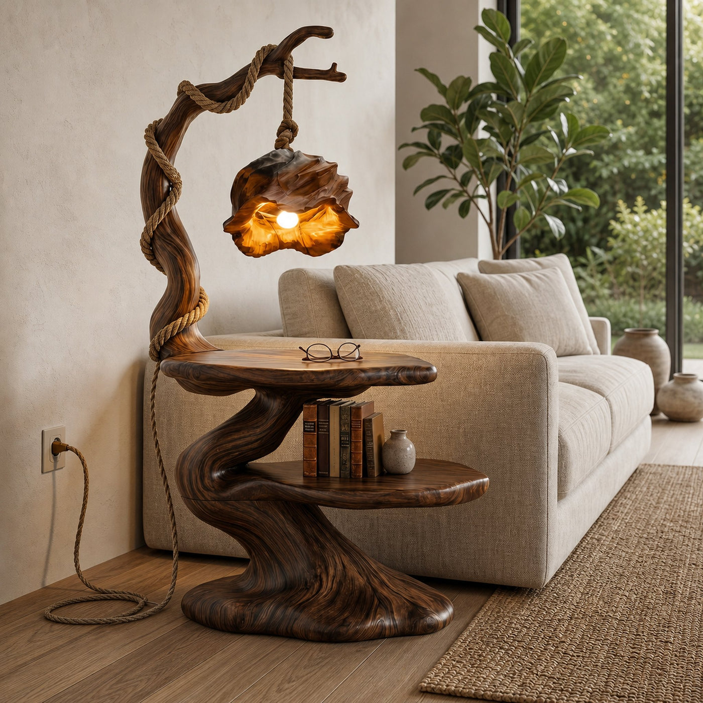 Rustic Beside Table With Tree Root Design And Hanging Lamp For Bedroom