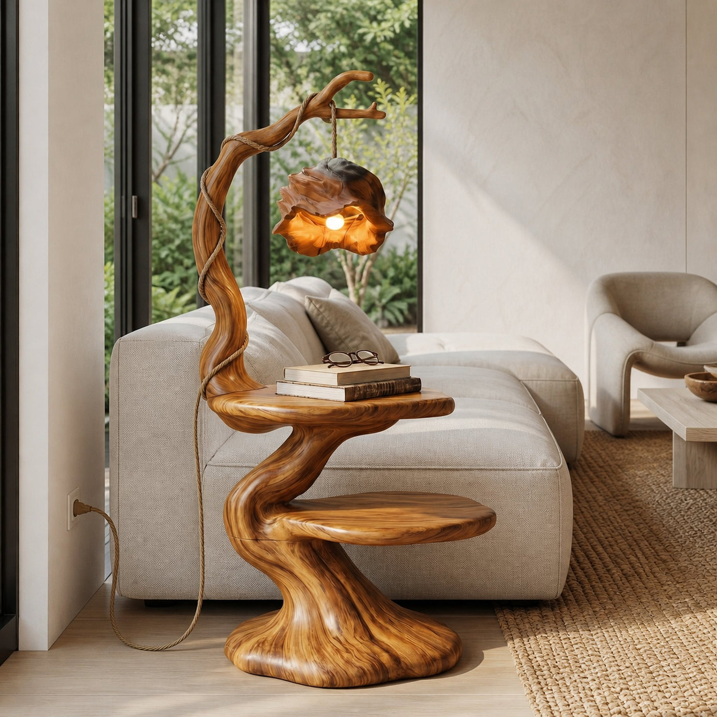Rustic Beside Table With Tree Root Design And Hanging Lamp For Bedroom - product view 6