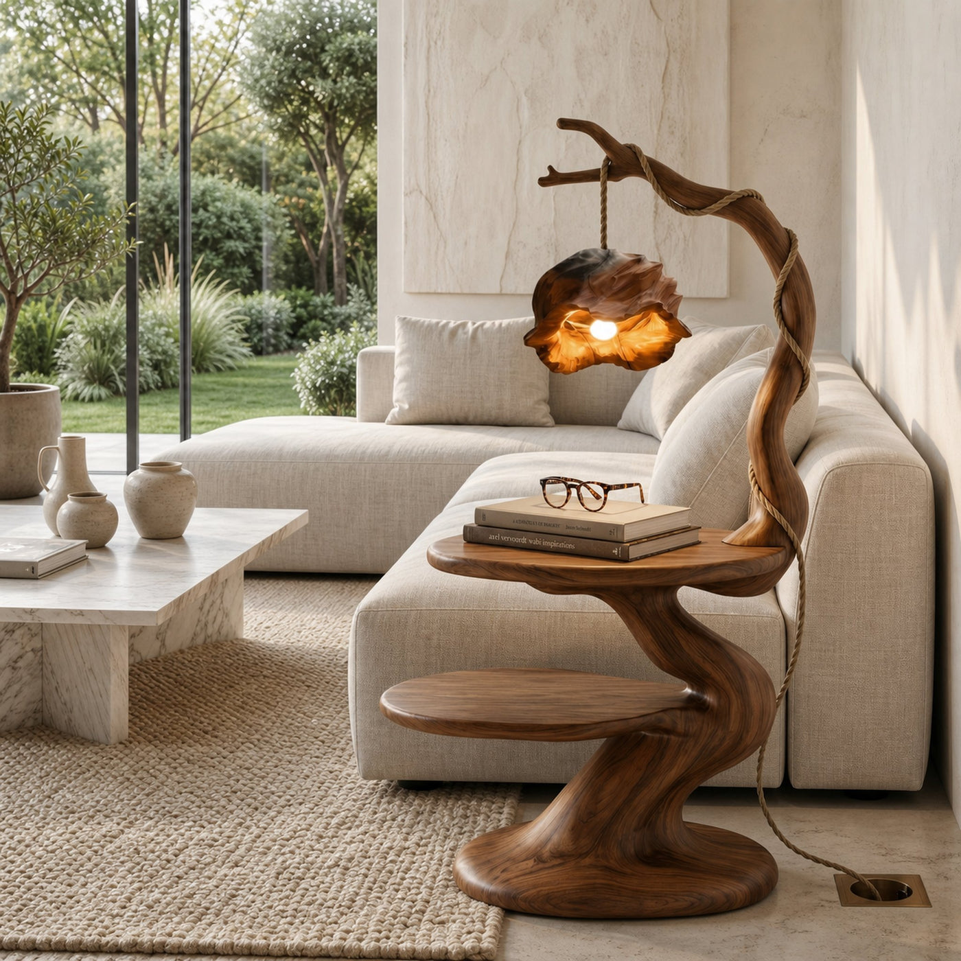 Rustic Beside Table With Tree Root Design And Hanging Lamp For Bedroom - product view 7