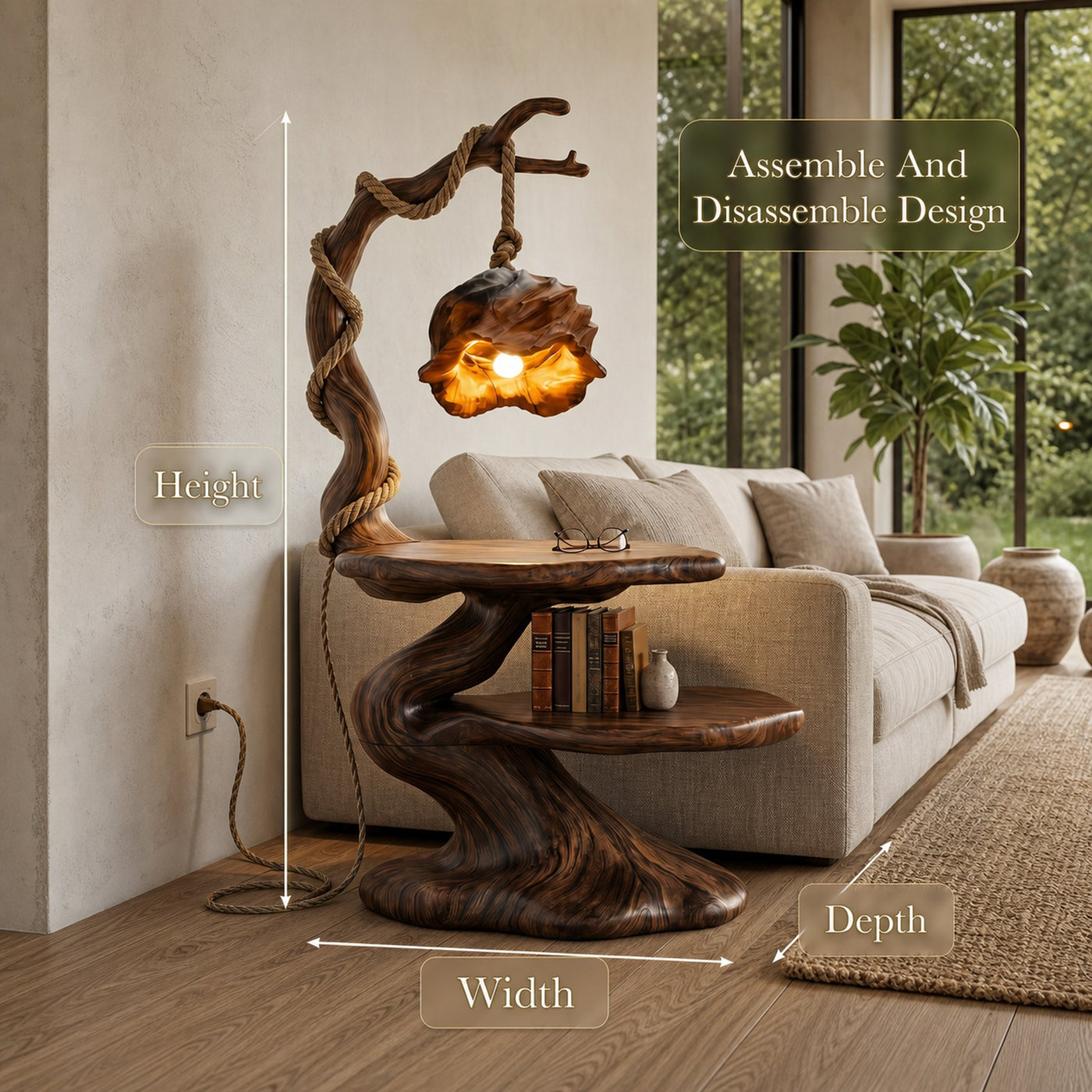 Rustic Beside Table With Tree Root Design And Hanging Lamp For Bedroom - product view 8