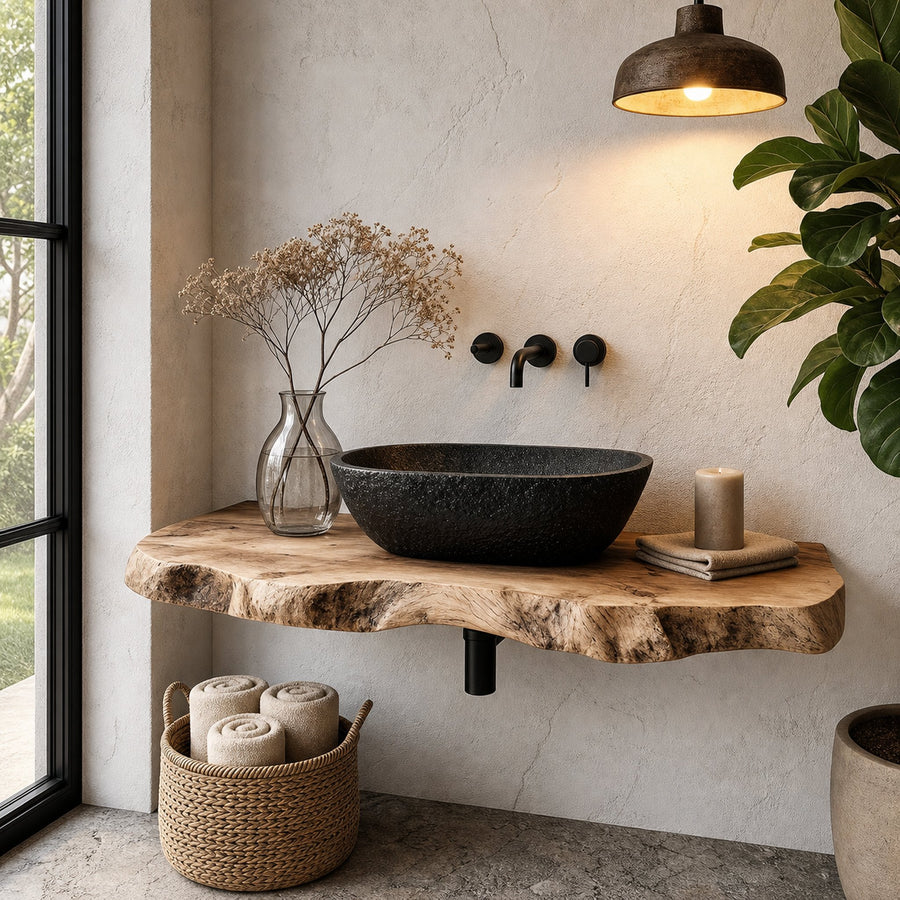 Rustic Floating Bathroom Vanity With Live Edge Wood Shelf For Bathroom And Powder Room