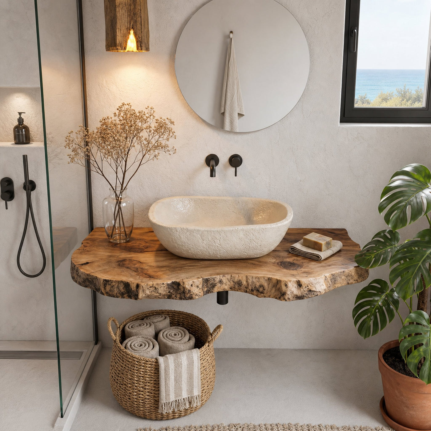 Rustic Floating Bathroom Vanity With Live Edge Wood Shelf For Bathroom And Powder Room - product view 2
