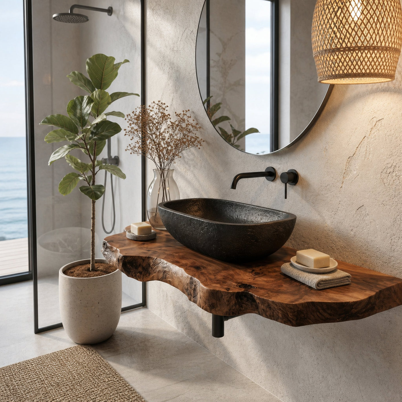 Rustic Floating Bathroom Vanity With Live Edge Wood Shelf For Bathroom And Powder Room - product view 7