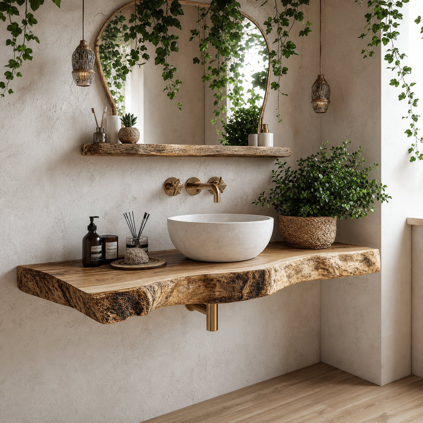 Rustic Floating Shelf Vanity Natural Finish Bathroom