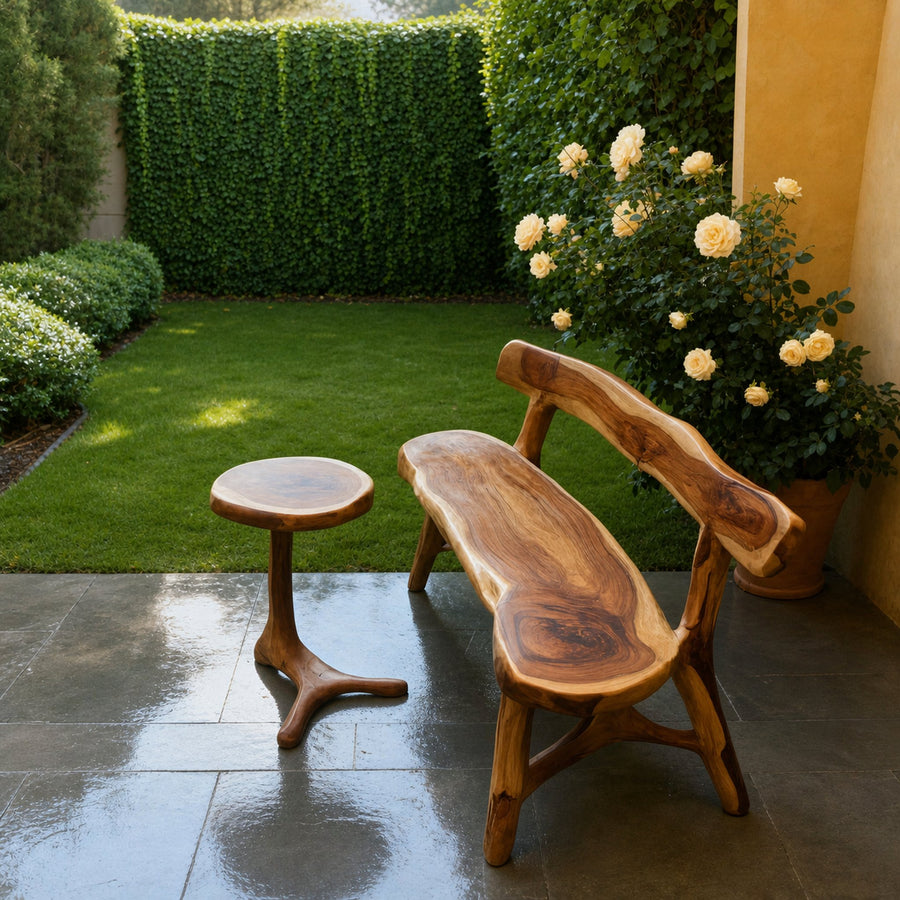 Rustic Live Edge Bench With Backrest For Garden Patio And Balcony