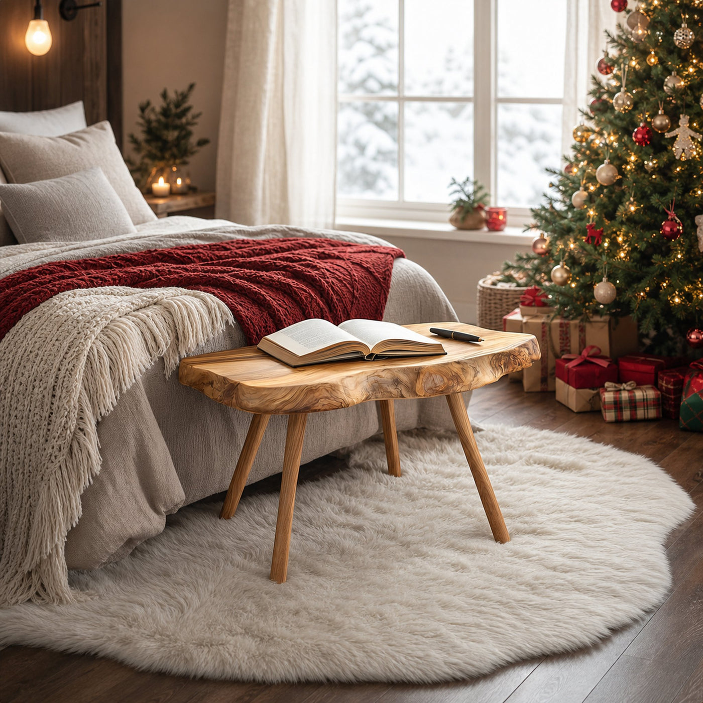 Rustic Live Edge Table Christmas Cozy Bedroom Setup