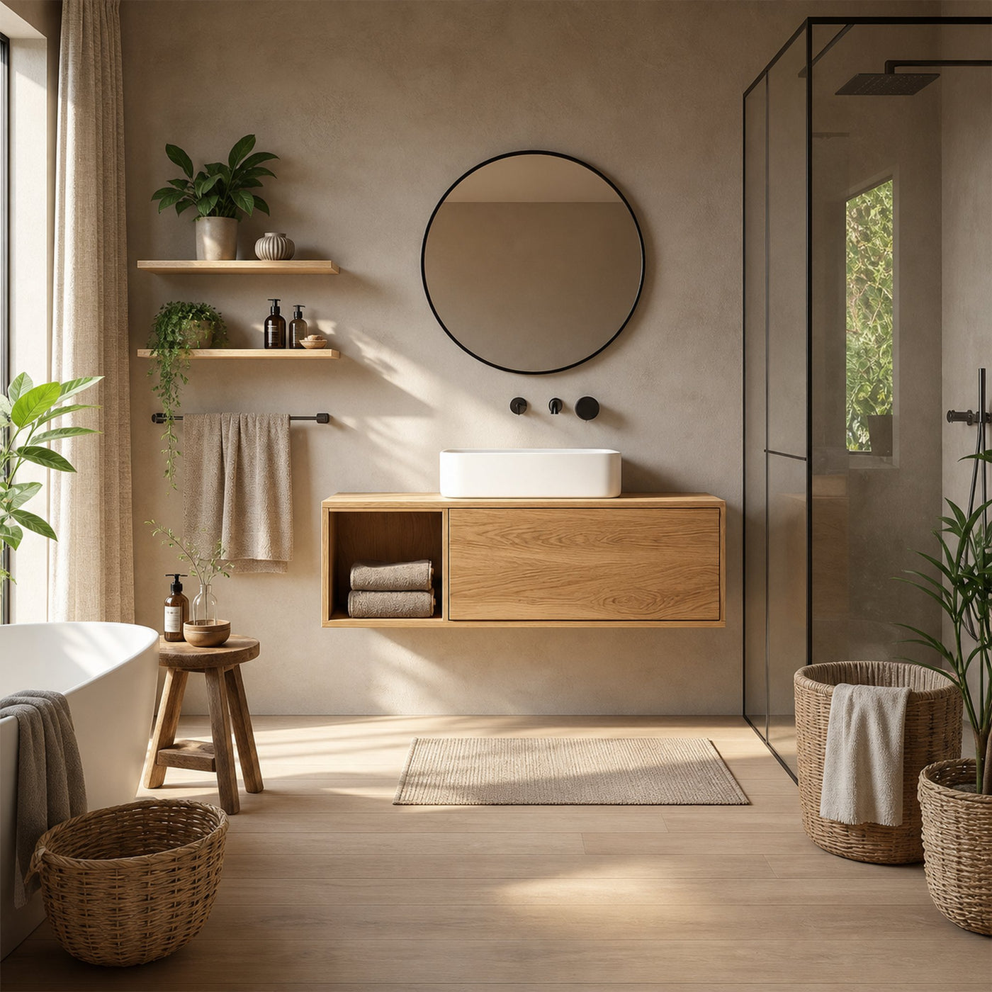 Rustic Minimal Bathroom Vanity Solid Wood Bathroom Interior Floating Cabinet