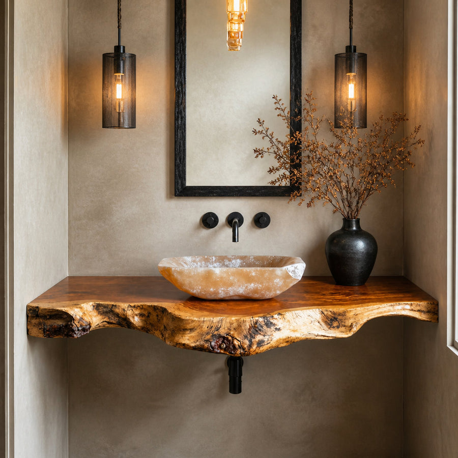 Rustic Natural Wood Floating Vanity Shelf For Warm Bathrooms