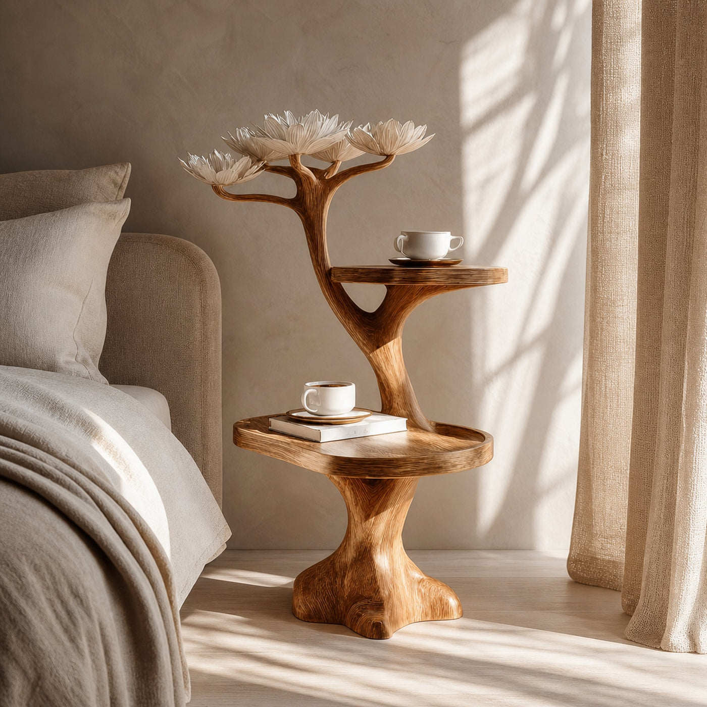 Rustic Sculptural Bedside Table Modern Bedroom Corner