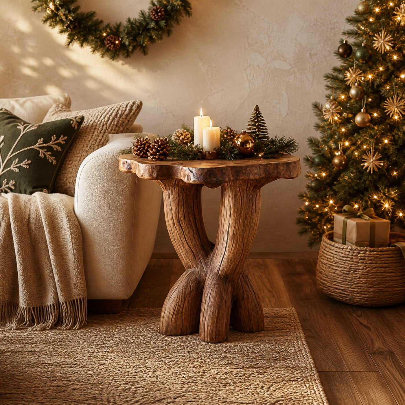 Rustic Sculptural End Table Christmas Holiday Living Room