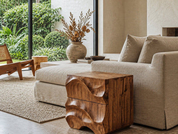 Rustic Sculptural Side Table With Hand Carved Solid Wood Base For Living Room And Bedroom