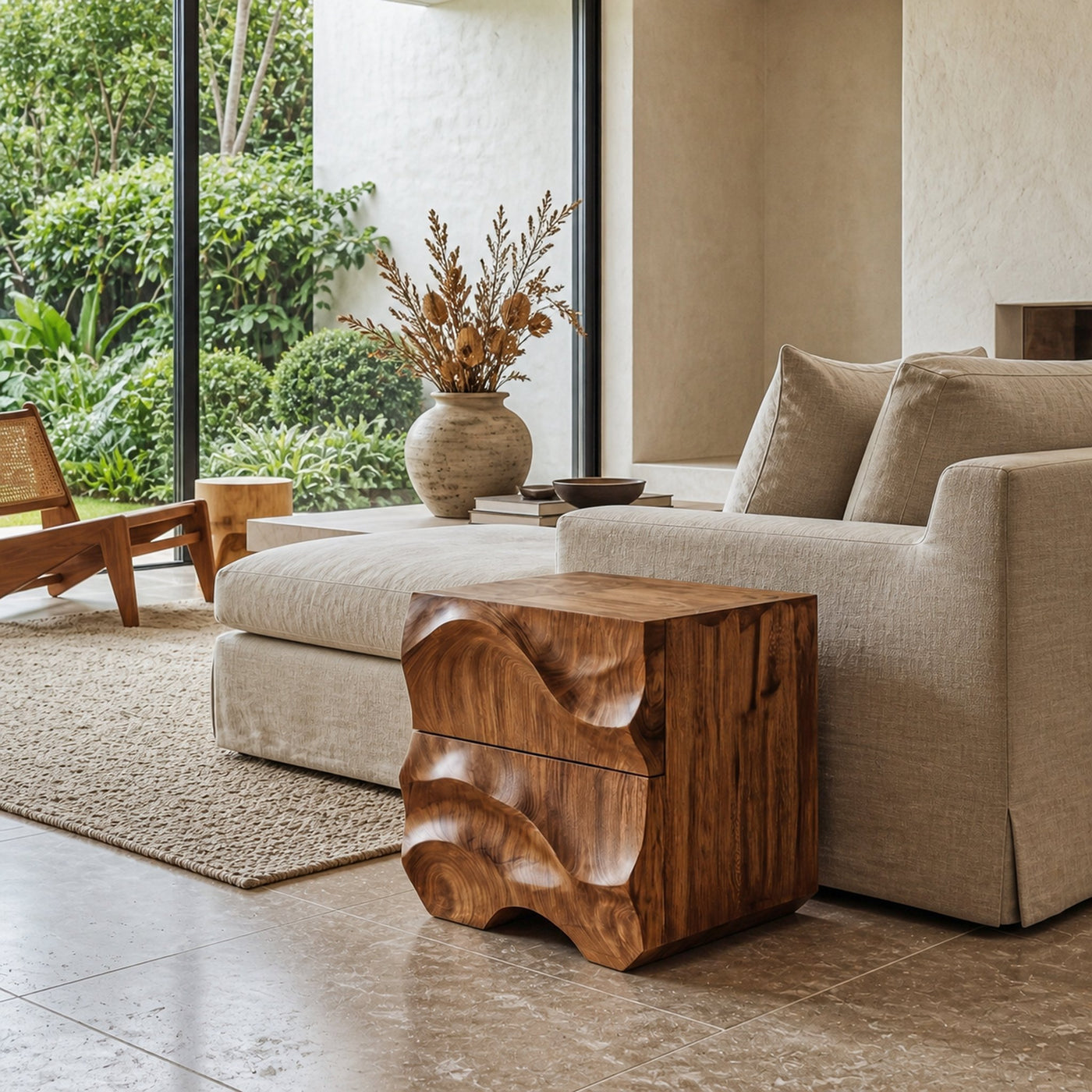 Rustic Sculptural Side Table With Hand Carved Solid Wood Base For Living Room And Bedroom