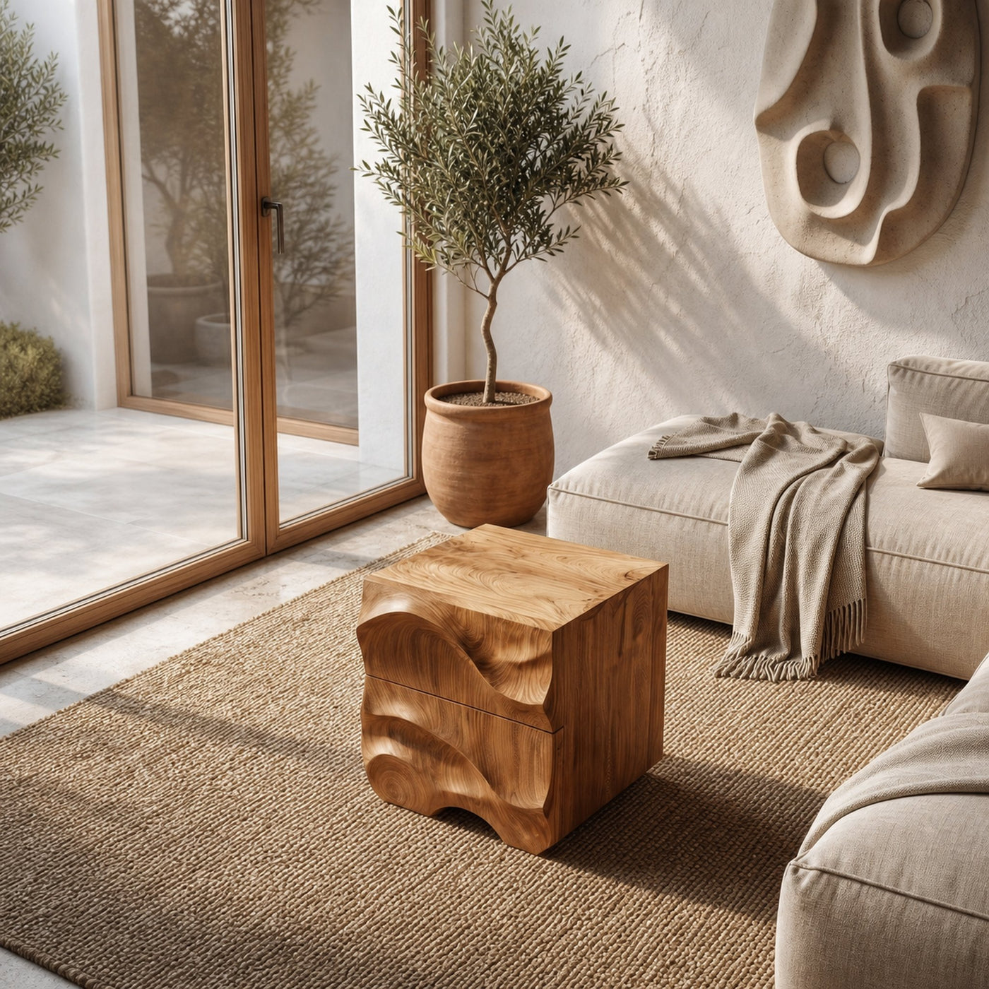 Rustic Sculptural Side Table With Hand Carved Solid Wood Base For Living Room And Bedroom - product view 2