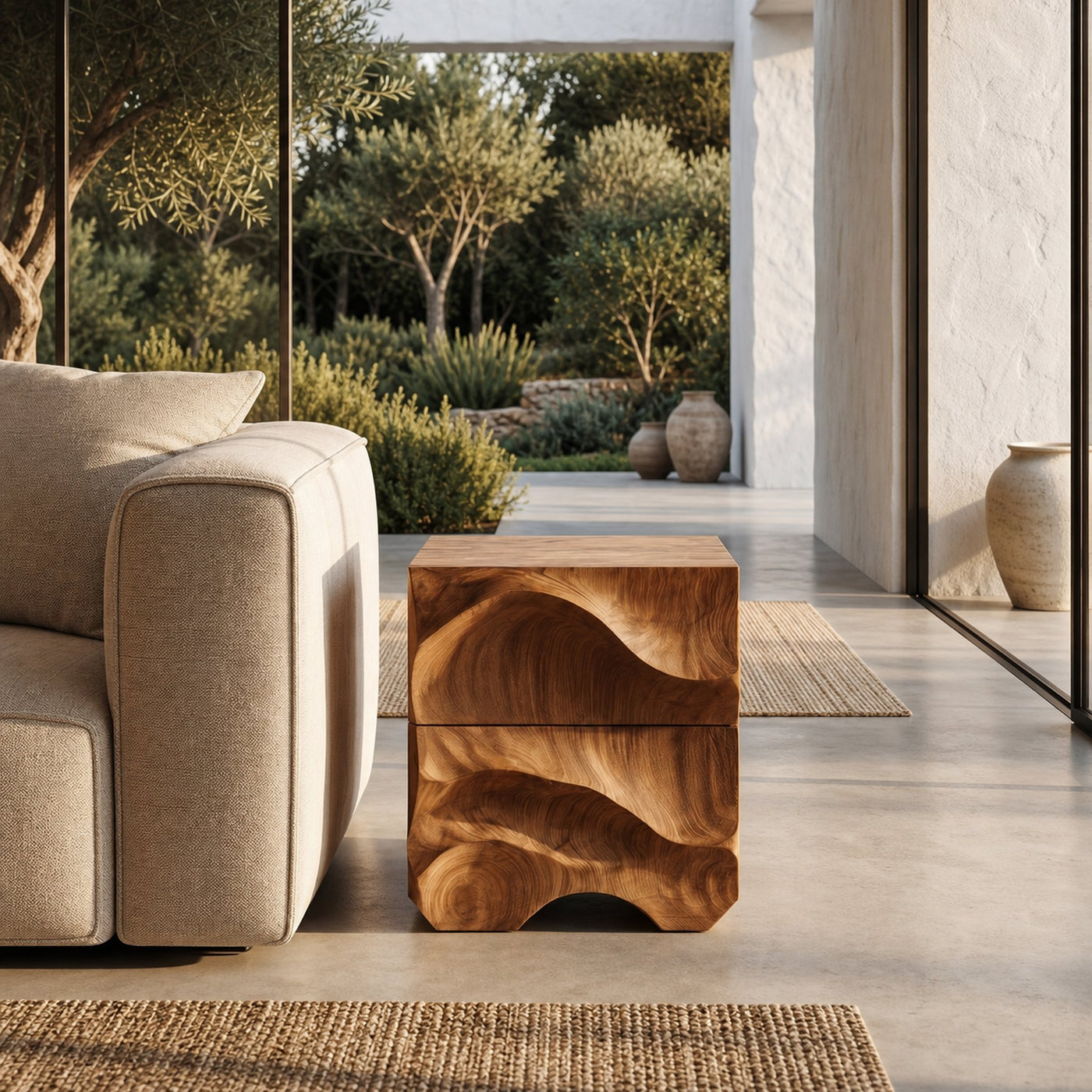 Rustic Sculptural Side Table With Hand Carved Solid Wood Base For Living Room And Bedroom - product view 6