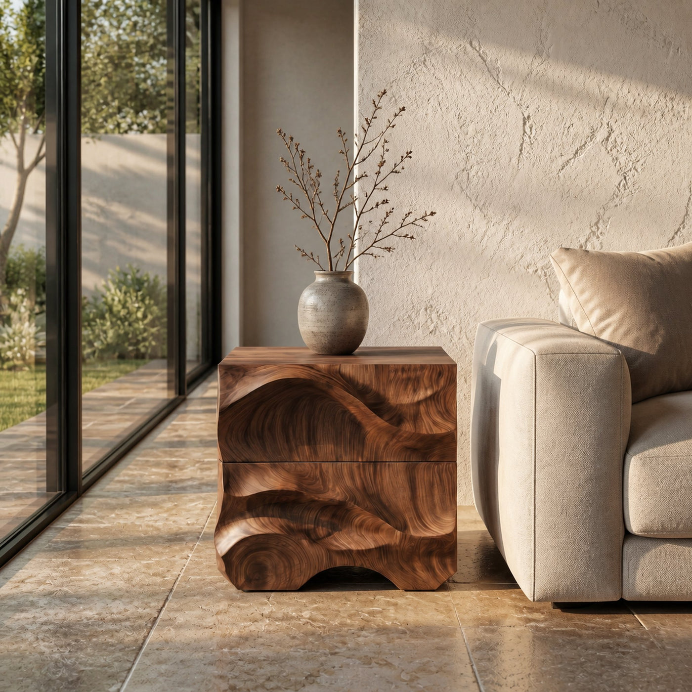 Rustic Sculptural Side Table With Hand Carved Solid Wood Base For Living Room And Bedroom - product view 7