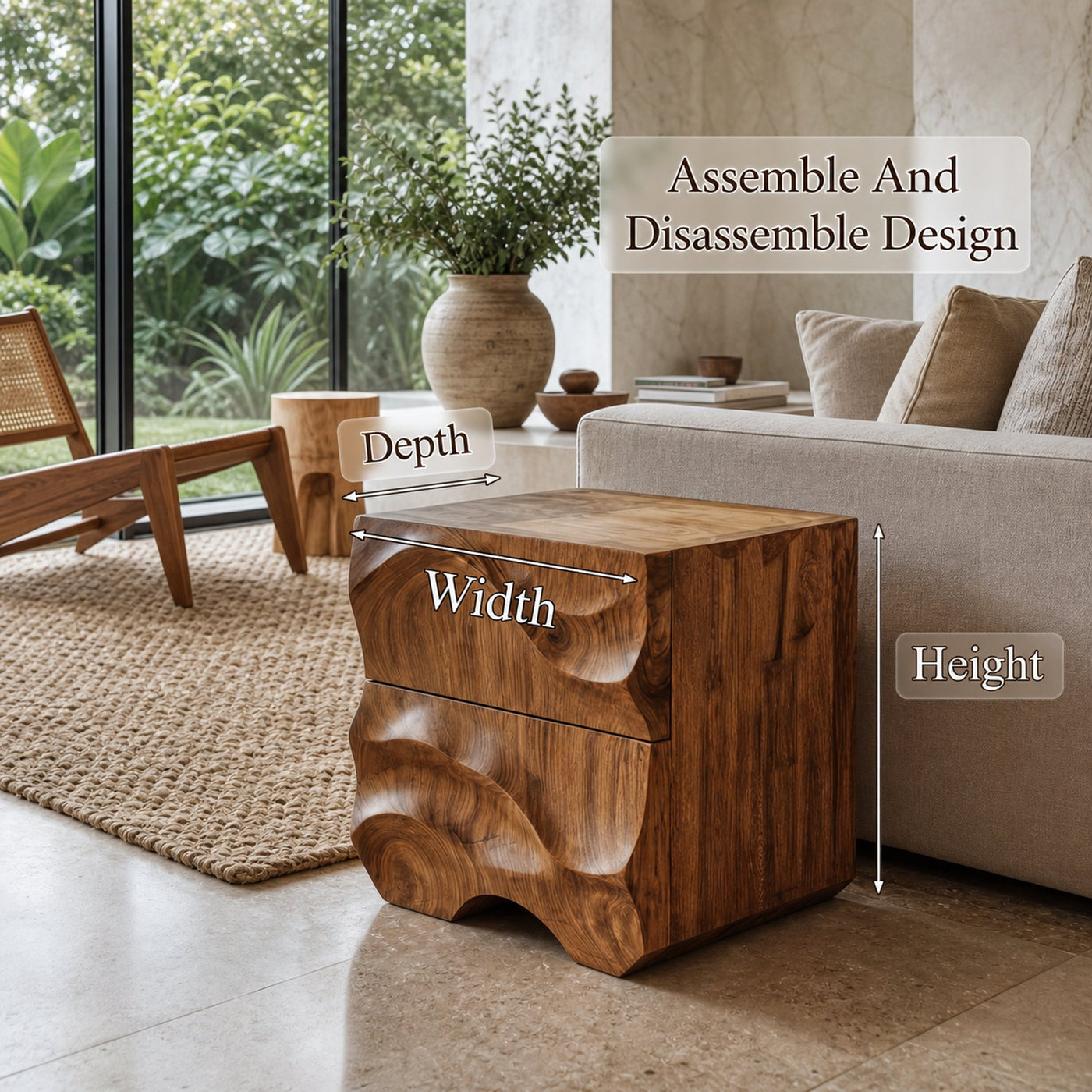 Rustic Sculptural Side Table With Hand Carved Solid Wood Base For Living Room And Bedroom - product view 8