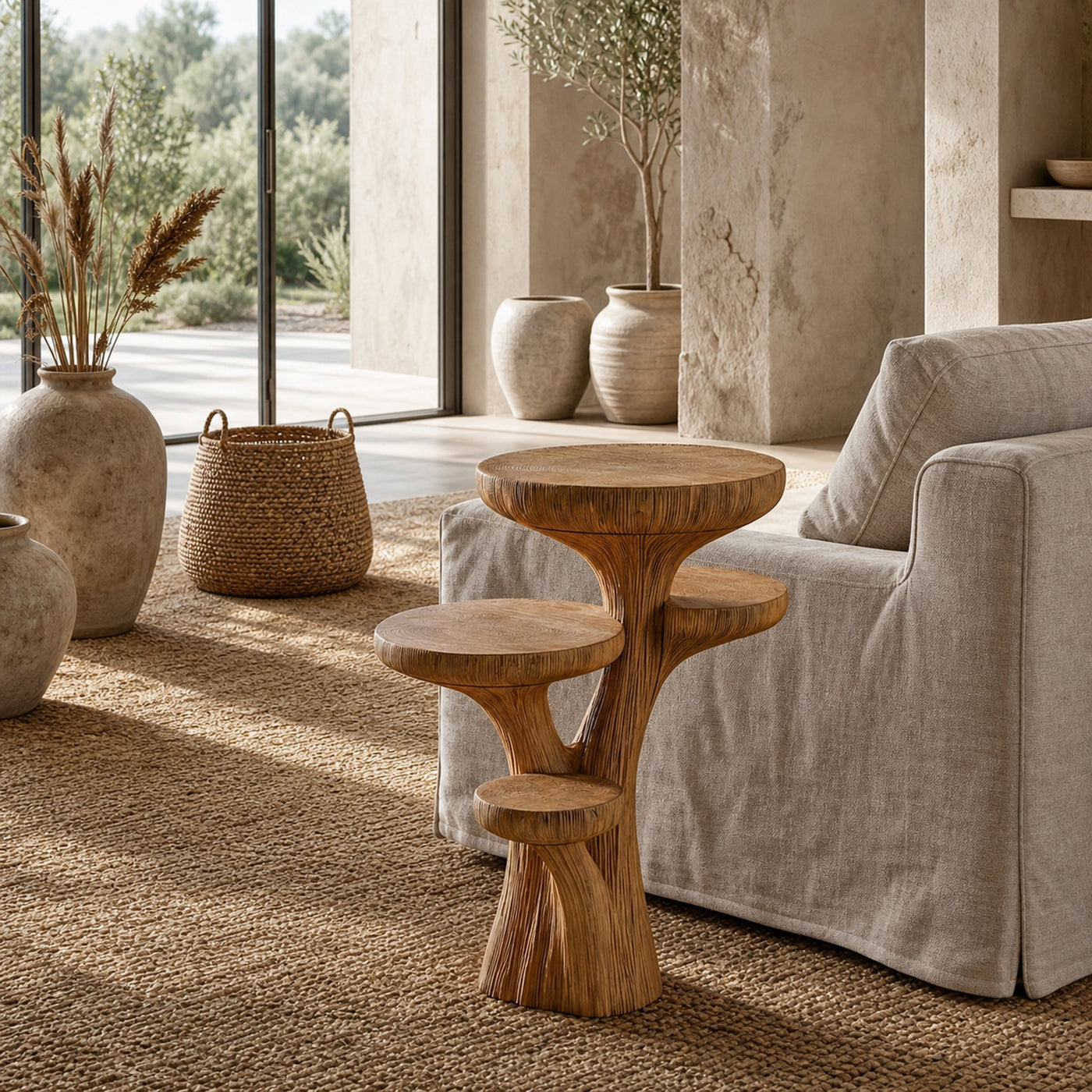 Rustic Sculptural Side Table With Handcrafted Solid Wood Pedestal Base For Living Room And Bedroom