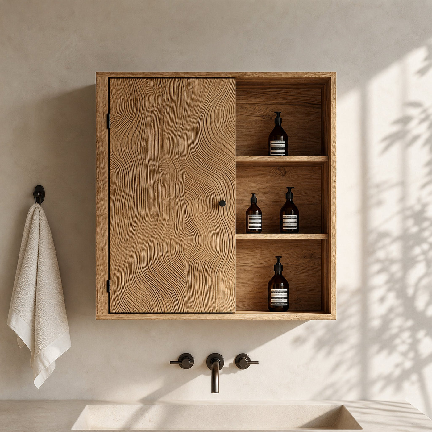 Rustic Sculptural Wall Cabinet For Bathroom Storage And Vanity Area