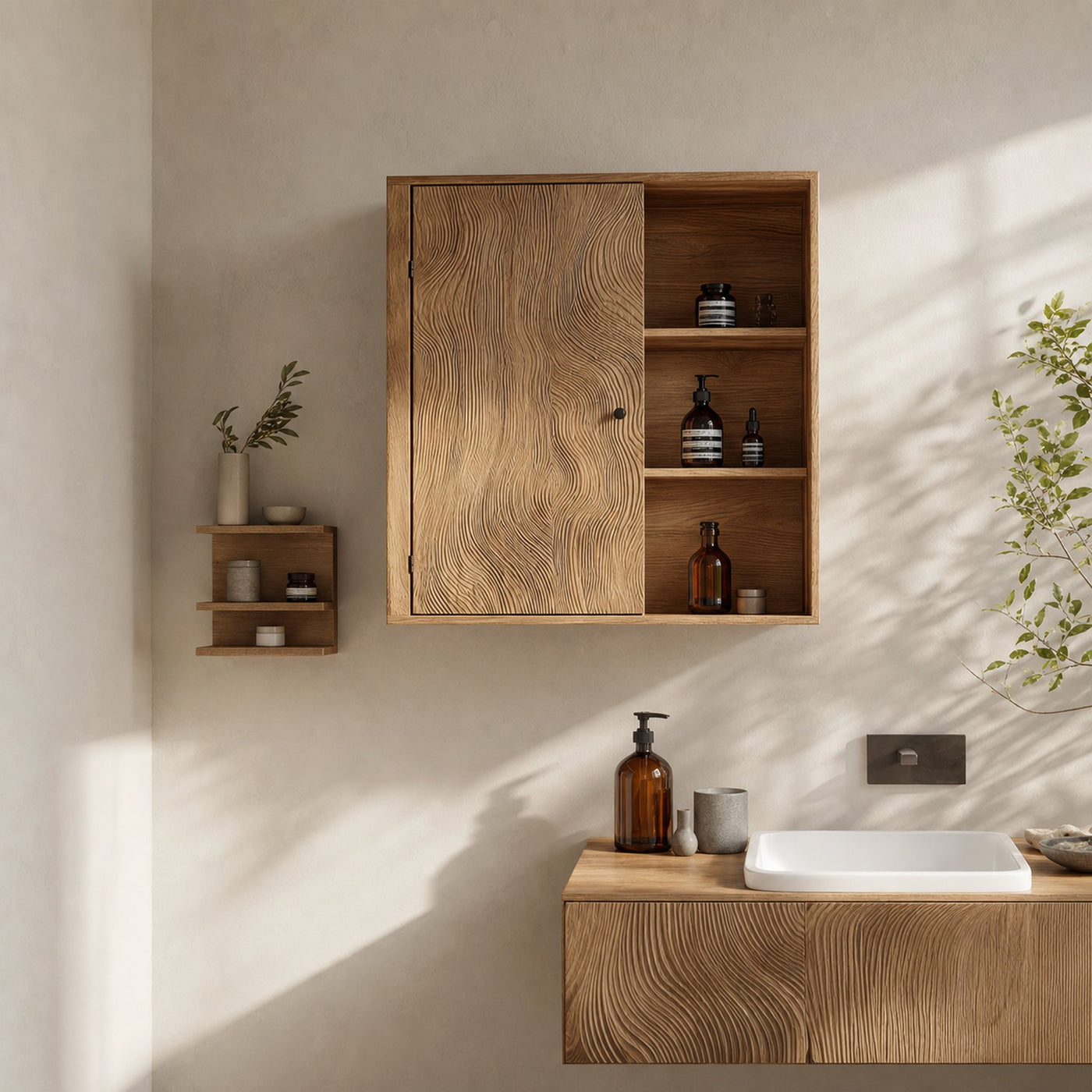 Rustic Sculptural Wall Cabinet For Bathroom Storage And Vanity Area - product view 2